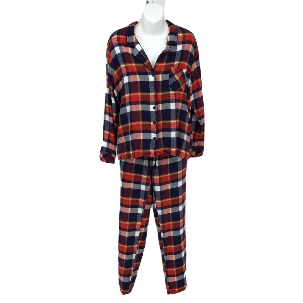 Nordstrom Women's Size Large Plaid Flannel Lounging Pajamas Reb Blue White